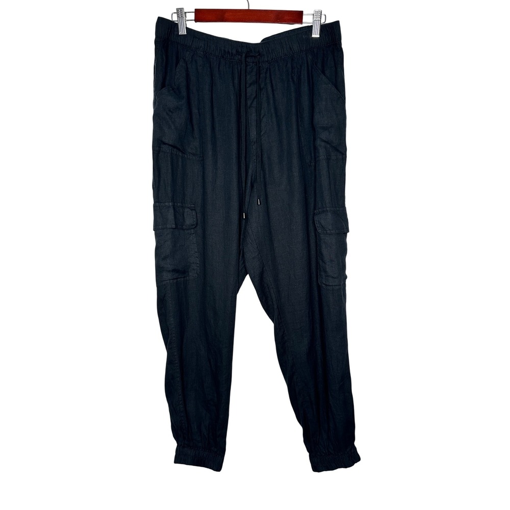 Nicole Miller Linen Cargo Joggers Pants Size XL Black Elastic Waist Pull on